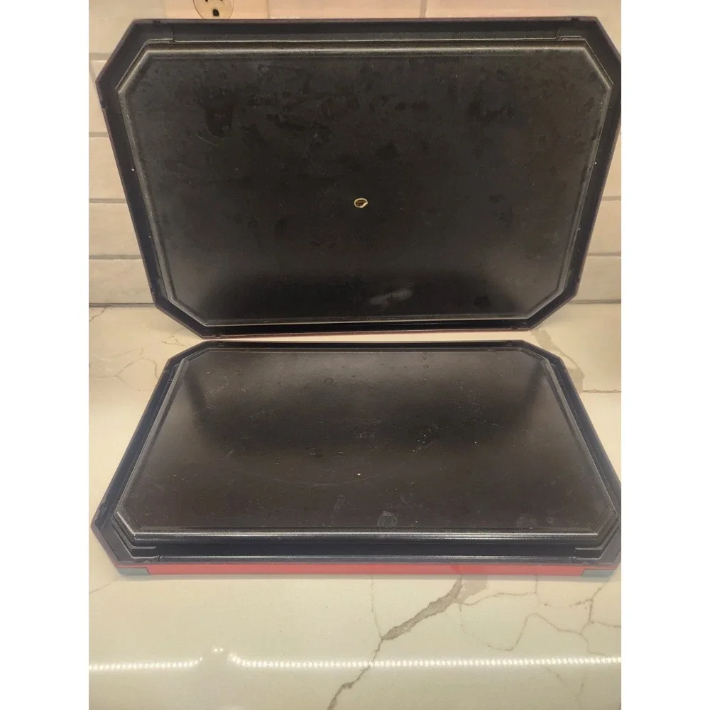 Vintage Lacquered Christmas Trays Set Of 2 Red w/Green Tree‎ With Original Box
